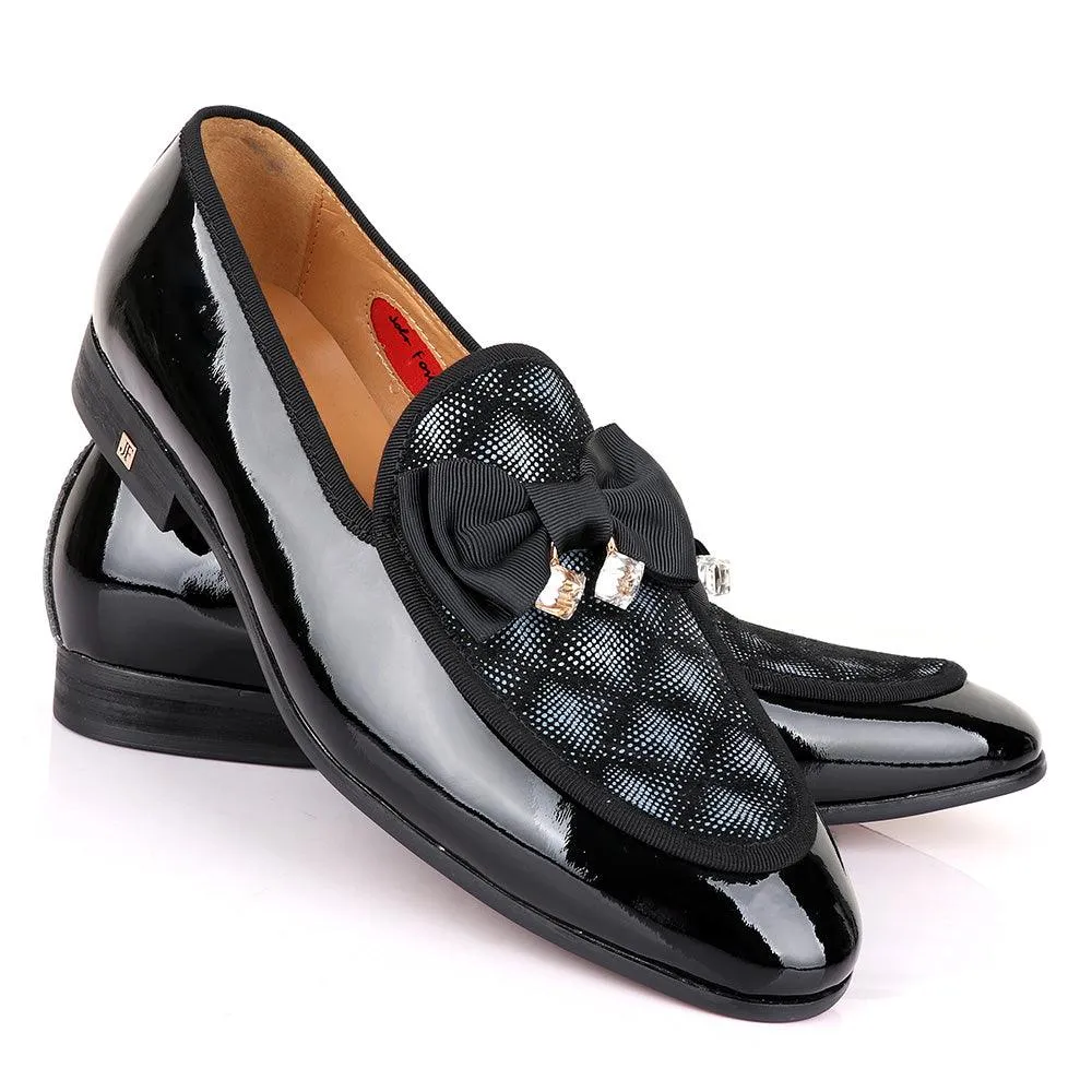 John Foster Glossy Black Bow Stone Designed Leather Shoe