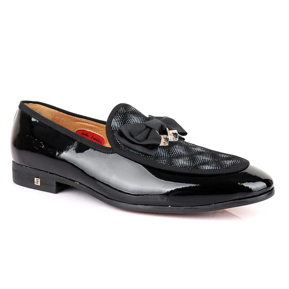 John Foster Glossy Black Bow Stone Designed Leather Shoe