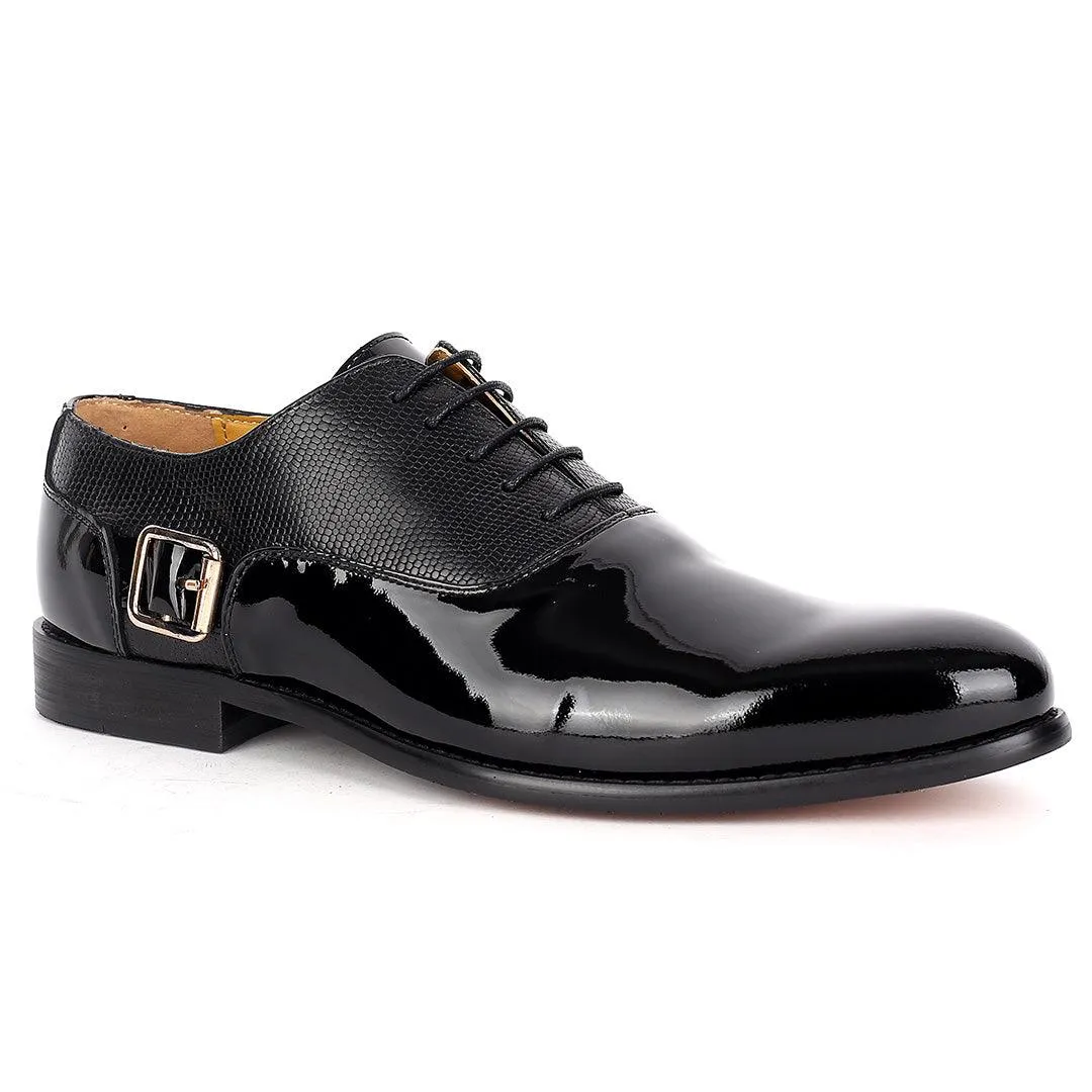 John Mendson Royal Glossy Black Leather Shoe With Side Belt Design