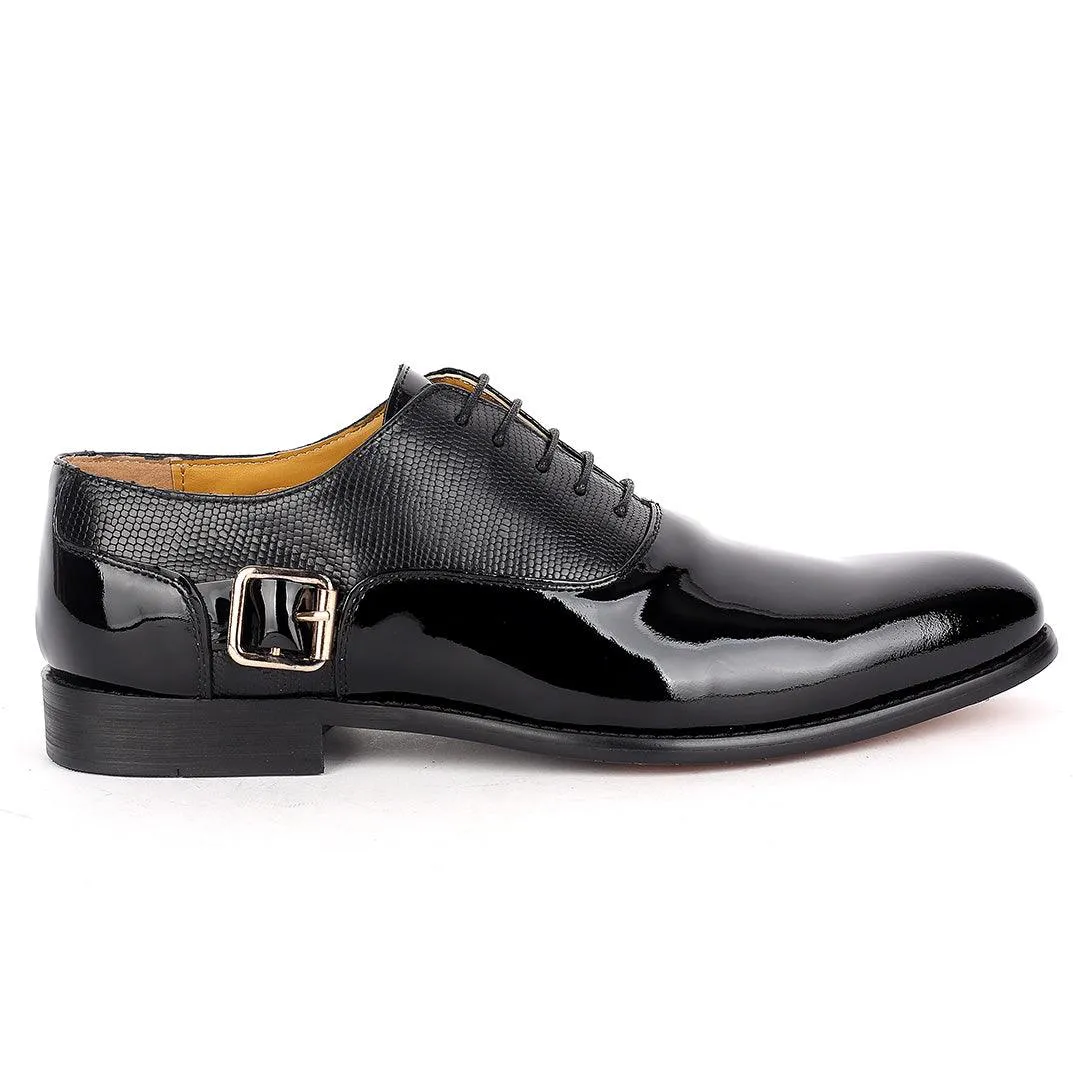 John Mendson Royal Glossy Black Leather Shoe With Side Belt Design