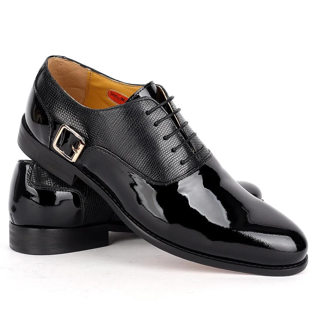 John Mendson Royal Glossy Black Leather Shoe With Side Belt Design