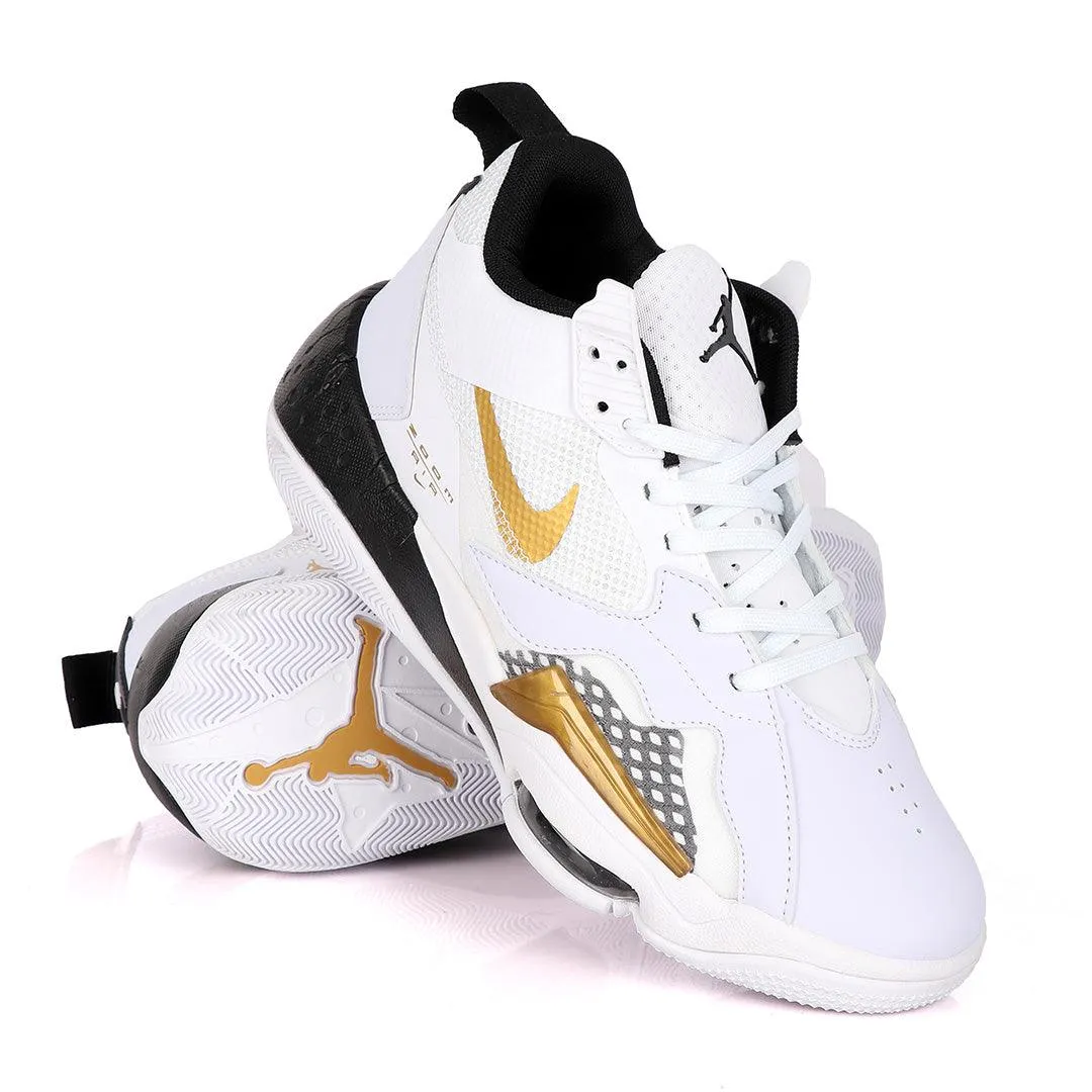 Original Air Jordan Zoom White Sneakers With Black And Classic Gold Logo Design