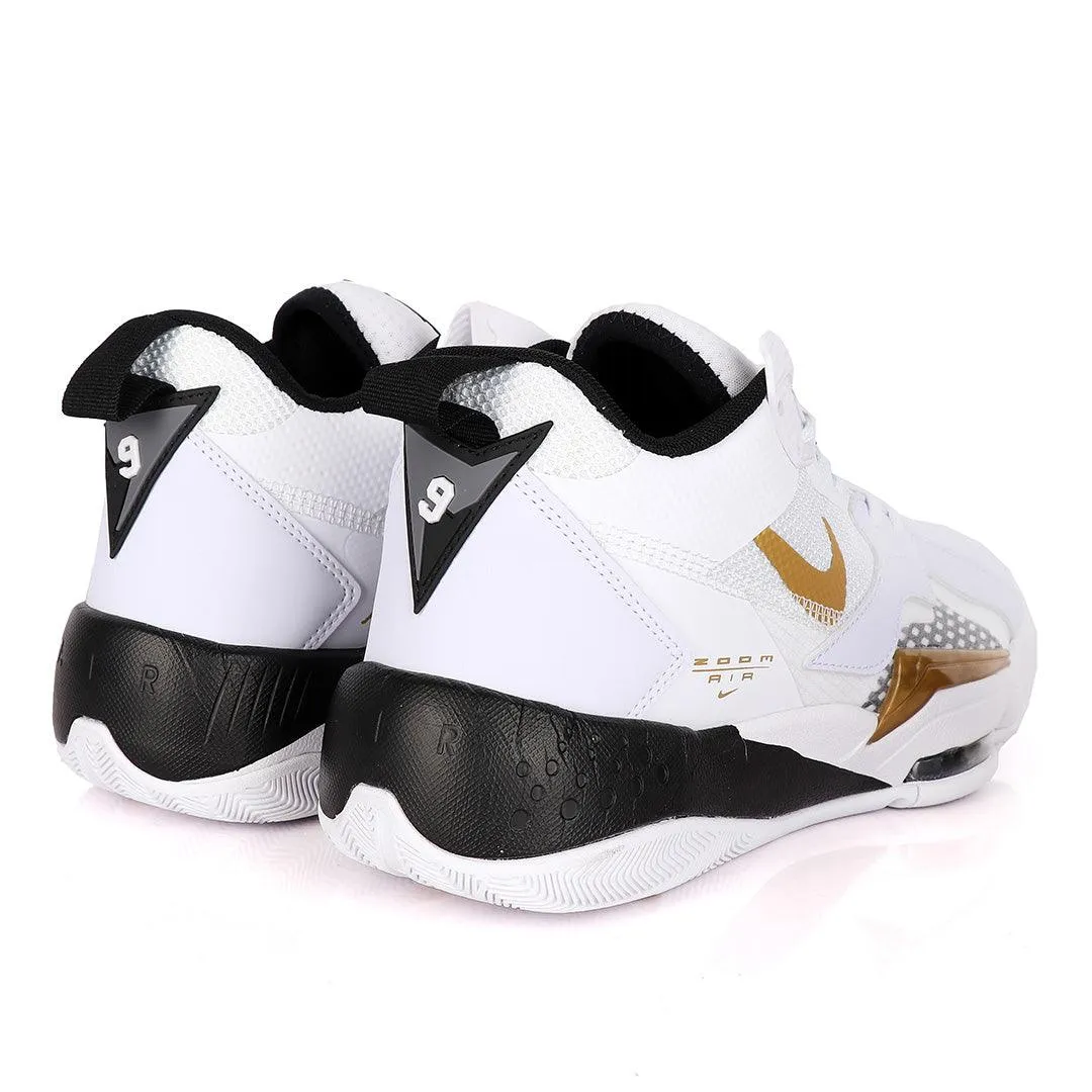 Original Air Jordan Zoom White Sneakers With Black And Classic Gold Logo Design