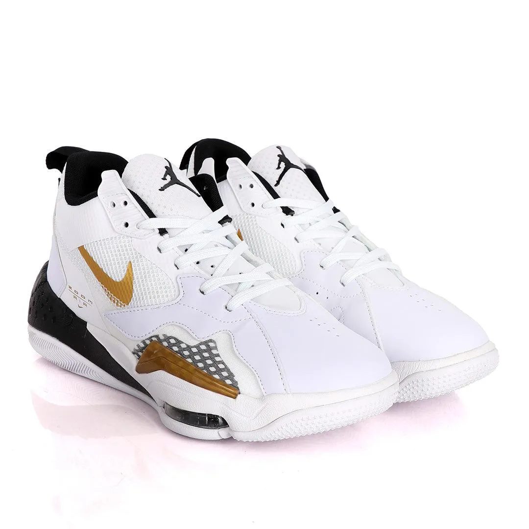 Original Air Jordan Zoom White Sneakers With Black And Classic Gold Logo Design