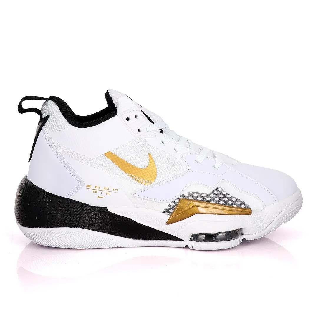 Original Air Jordan Zoom White Sneakers With Black And Classic Gold Logo Design