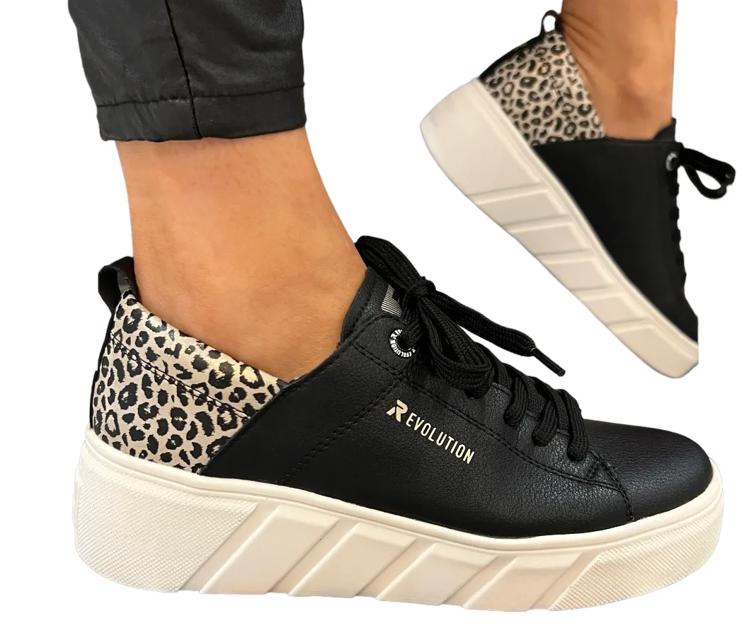 Rieker Evolution W0502-00 Rock Black And Leopard Print Trainers