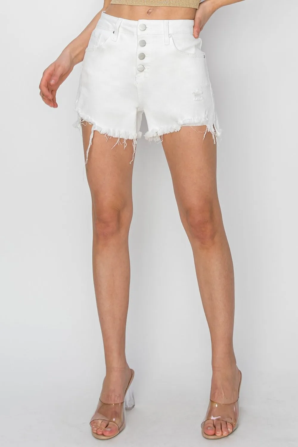 RISEN Button Fly Frayed Hem Denim Shorts