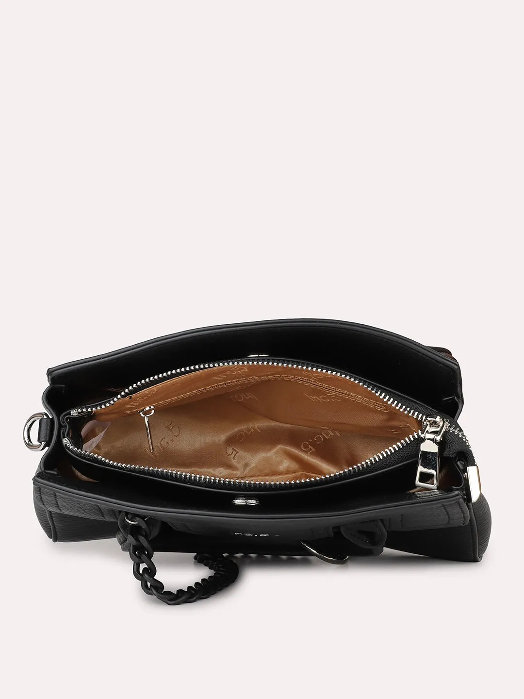 Women Black Solid Handheld Bag with Detachable Strap and Chain Detailing